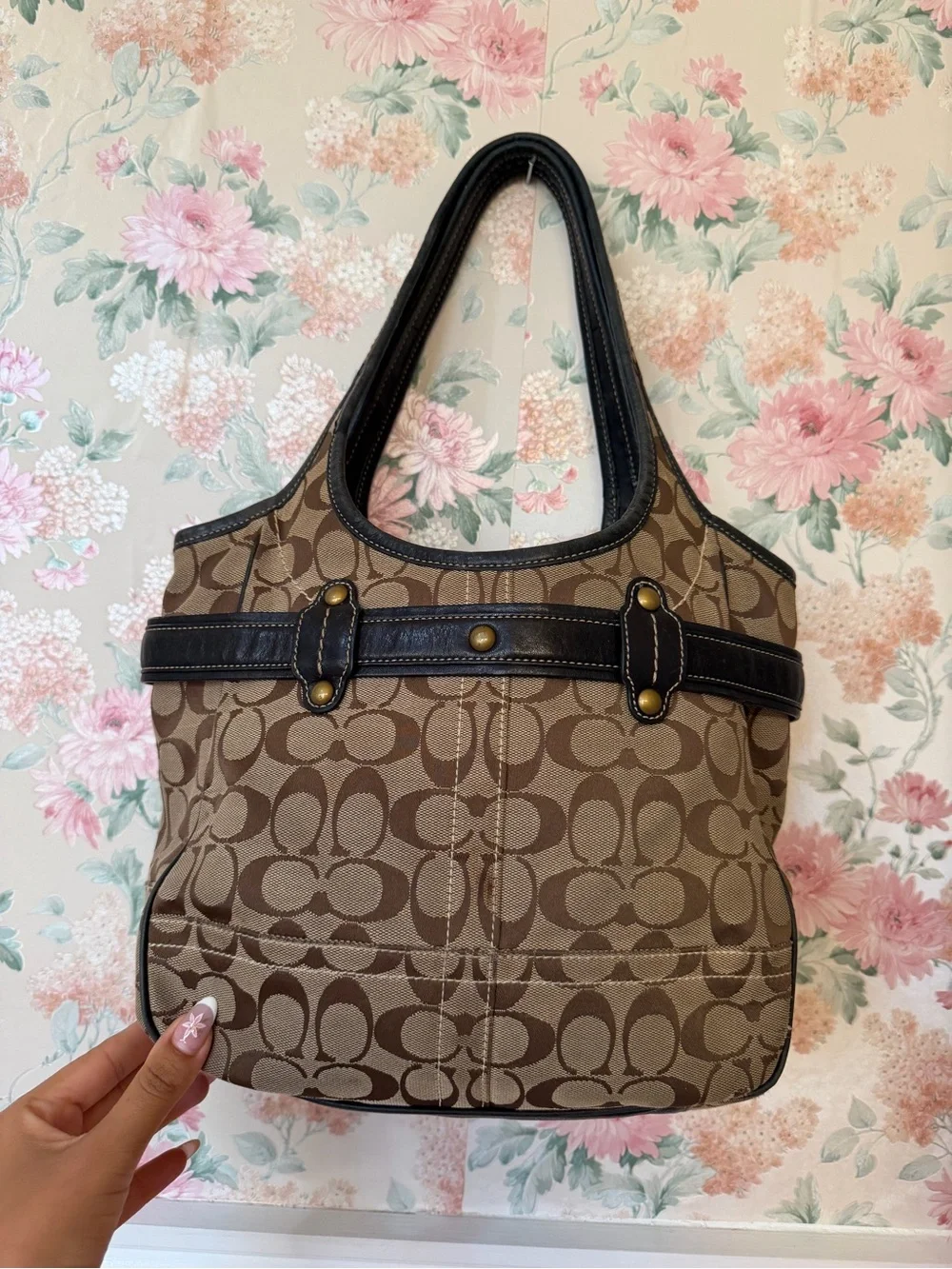 Y2k Coach Signature Canvas Brown Tote with Leather Trim